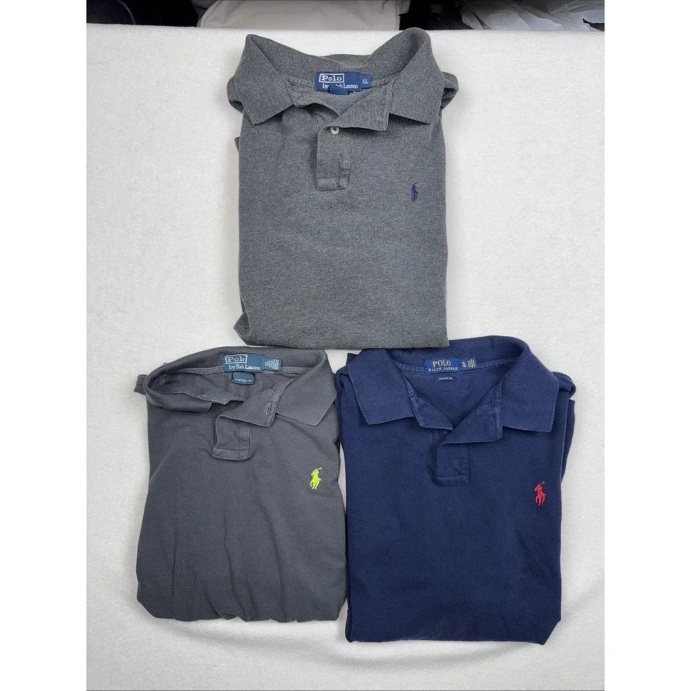 Lot of 3 Polo Ralph Lauren Custom Slim Fit‎ Polo Shirts XL Gray Navy Pony